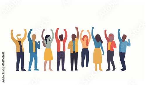 Diverse happy people celebrating success together with raised hands and falling confetti flat vector illustration