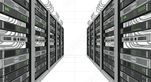 A symmetrical perspective view looks down a narrow corridor lined with dark grey server racks featuring green lights and white cables.