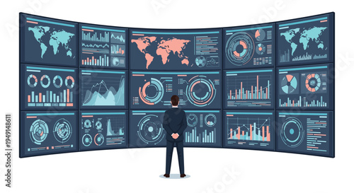 A businessman in a suit stands centered with his back to the viewer, observing a large, curved array of fifteen data screens.
