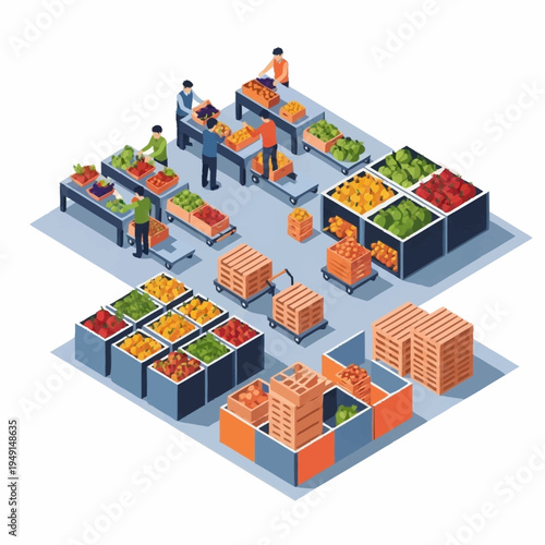 Isometric illustration of a bustling grocery store with customers and fresh produce displays.