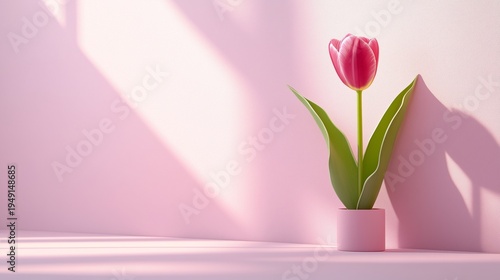 Bright Pink Tulip on Pink Background With Green Leaves in a Simple Arrangemen...