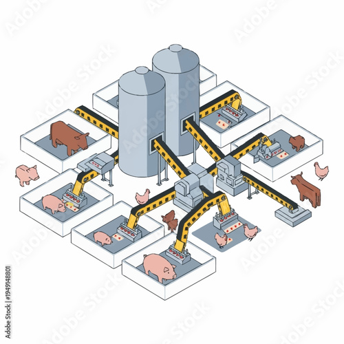 Isometric illustration of a factory farm with various animals in pens.