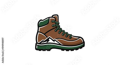 Brown hiking boot with green laces and mountain design