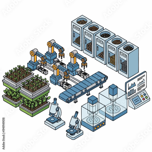 Isometric illustration of a modern smart farm with automated systems and scientific equipment.