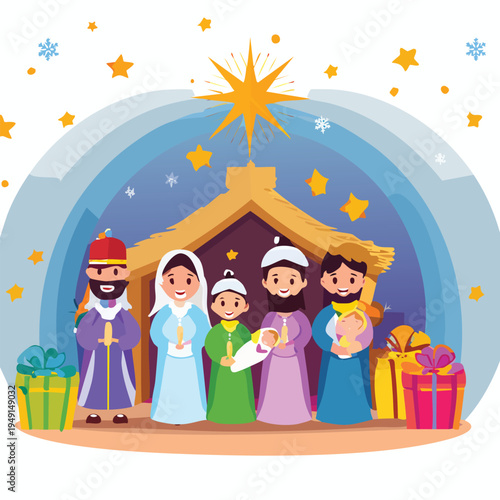 Cartoon nativity scene illustration with three wise men and gifts