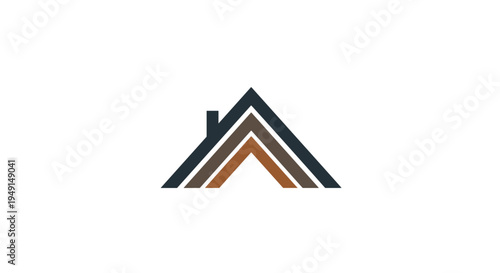 An abstract logo illustrates a house roof shape composed of three distinct chevron-like lines in dark blue, brown, and light brown, with a small chimney.