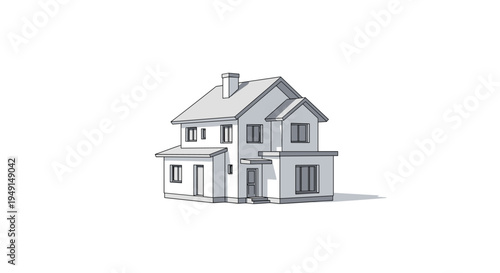 A minimalist line art illustration showcases a modern two-story detached house with a grey roof and white walls, casting a subtle shadow.