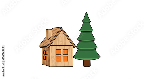A simple cartoon illustration presents a small wooden house with orange windows and a chimney, situated beside a stylized green Christmas tree.