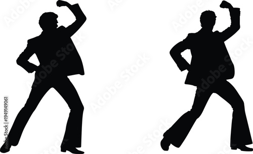 Two silhouette figures dancing with fists raised