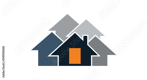 A stylized logo depicts five overlapping house shapes in varying shades of grey, blue, and black, with a central house featuring an orange door.