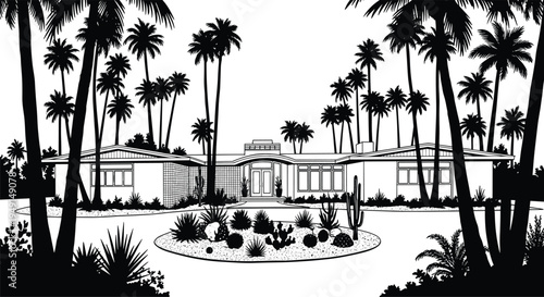 Tropical resort garden with palm trees and luxury mansion, black and white silhouette landscape illustration exotic vacation paradise scene