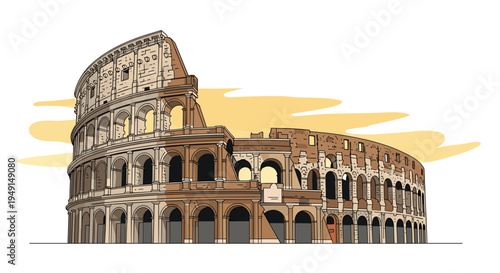 A detailed outline illustration of the ancient Colosseum is depicted from a slightly elevated perspective against a warm, yellow-orange sky.