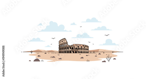 An illustrated Colosseum stands prominently within a stylized desert landscape under a sky with light blue clouds and flying birds.