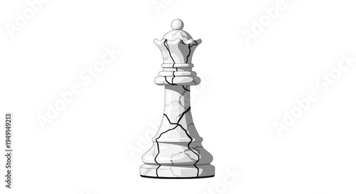 A singular white chess queen piece, featuring a delicate cracked porcelain texture, stands elegantly on a pristine white background.