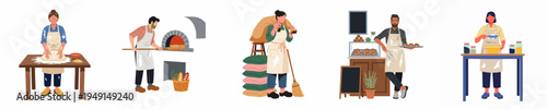 Flat vector illustration set of professional bakers and bakery workers performing various tasks from kneading dough to baking and serving fresh bread.