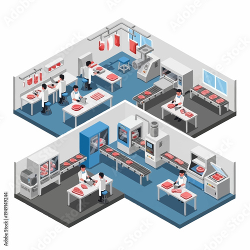 Isometric Meat Processing Plant with Workers and Equipment.