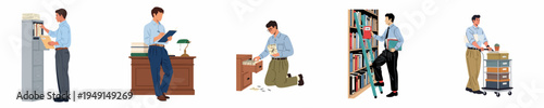 Set of illustrations showing male office workers, clerks, and archivists organizing files, researching documents, and managing records in various workspace environments.