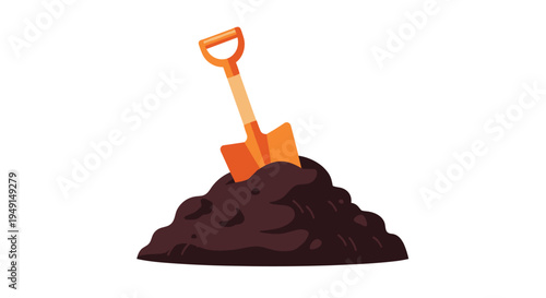 An orange gardening shovel with a short handle is firmly stuck into a large, dark brown, irregular mound of rich soil.