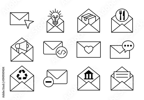 Email Communication Line Icons With Messaging Notification And Mail Service Symbols