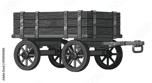 A sturdy grey wooden mining cart with a deep rectangular bed, reinforced by metal bands, stands with four robust spoked wheels and a metal hitch.