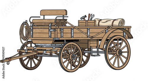 A vintage wooden horse-drawn wagon, equipped with a driver's seat and a cargo bed holding tools and a rolled canvas, stands with four spoked wheels.