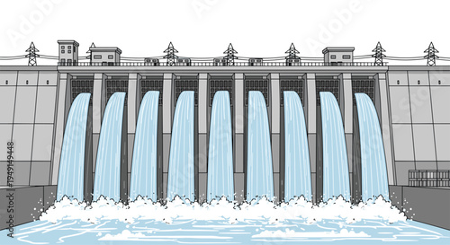 A massive concrete dam with eight distinct spillways releases powerful streams of light blue water, creating white foamy splashes, topped with power lines.