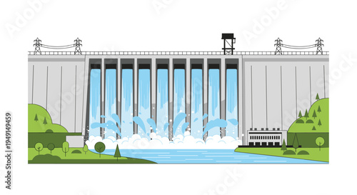 A concrete dam with seven active spillways releases light blue water into a river, generating white splashes, flanked by green hills and trees.