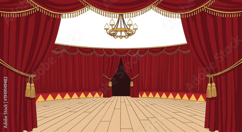 A grand theater stage with opulent red velvet curtains and golden tassels frames a wooden floor, illuminated by a single ornate chandelier.