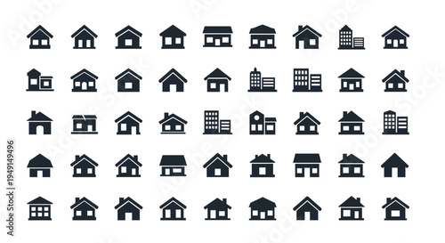 A grid of 40 small, dark gray, solid-fill house and building icons is neatly arranged in five rows against a plain white background.