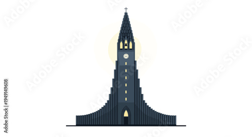 A tall, dark gray, abstract church building with a sharply pointed spire and a clock face stands against a warm yellow glow.