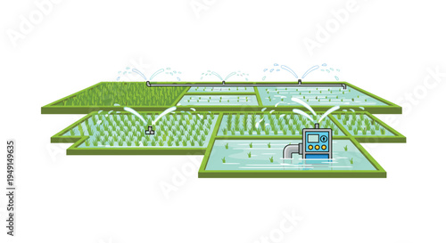 An elevated view displays multiple green agricultural fields, some water-filled, being actively irrigated by sprinklers and a central control panel.