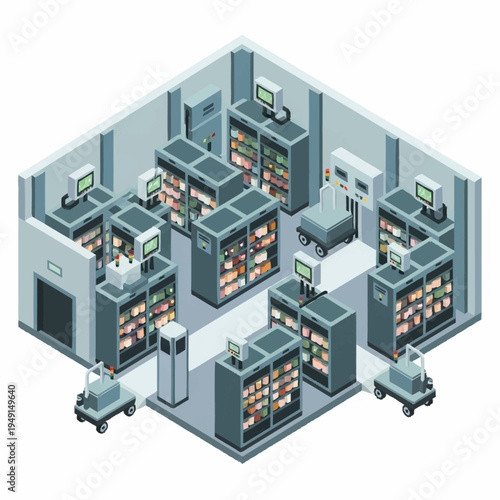Isometric view of a modern data center with server racks and automated robots.