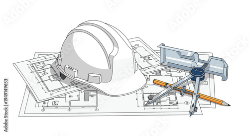 A white hard hat, a silver compass, and a yellow pencil are centrally positioned on a stack of detailed architectural blueprints.