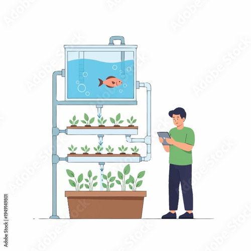 Man monitoring aquaponics system with fish and plants.