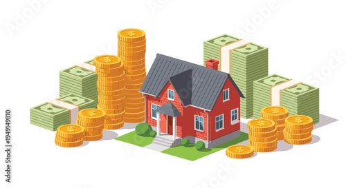 A charming red two-story house with a grey roof sits on a green lawn, surrounded by numerous stacks of green dollar bills and golden coins, all against a white background.