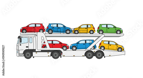 A detailed white car hauler truck with a multi-level ramp system transports eight distinctively colored hatchback cars on its two decks against a plain white background.