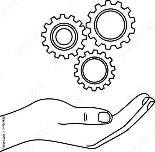 Hand holding gears outline icon representing technical support maintenance service automation and engineering process concept