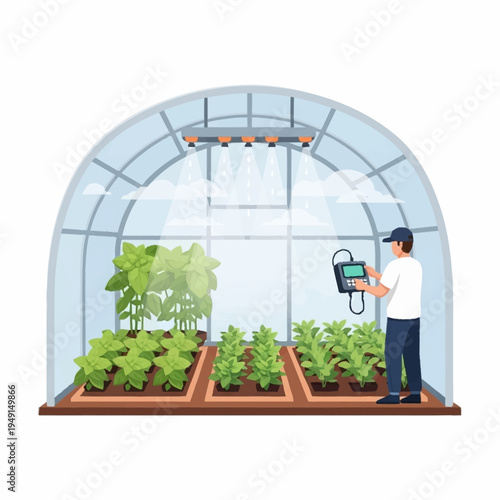 Man monitoring plants in a modern greenhouse with advanced technology.