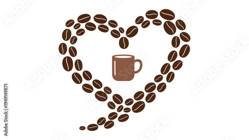 Coffee Love: Coffee beans, shaped in a heart, encapsulate a delightful brown cup, perfect for cafe, conveying warmth and comfort. 