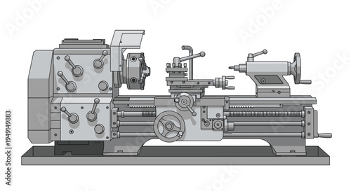 A sturdy, modern industrial lathe machine, presented in shades of grey with numerous control knobs, stands on a dark base against a white background.