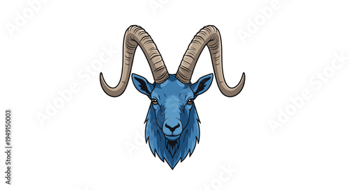 A detailed headshot of a blue ram, facing directly forward, featuring large, textured, light brown horns and dark, focused eyes.