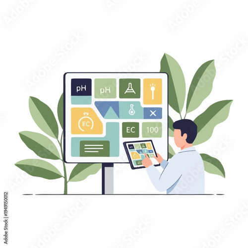 Scientist monitoring plant growth parameters on a large digital display with a tablet.