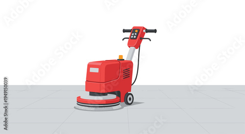 A stylized red floor polishing machine, featuring a yellow warning light, stands on a light grey tiled floor with a subtle shadow.