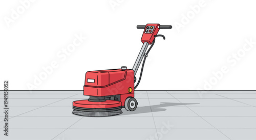 A bright red industrial floor polisher, equipped with a large circular brush, stands ready on a light grey tiled floor.