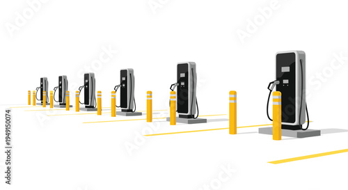 A linear row of six modern electric vehicle charging stations, each with a grey and black design and prominent yellow bollards, recedes into the distance on a marked white surface.