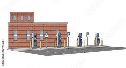 An outdoor electric vehicle charging station features six blue and grey charging points with yellow bollards arranged in a row on a paved lot.