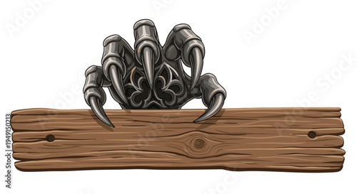 A formidable metallic grey clawed hand with intricate gothic details firmly grasps the top edge of a horizontal wooden plank with visible grain.