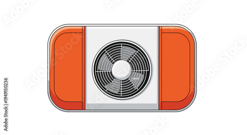 A rectangular white and orange outdoor air conditioning unit with a prominent central fan grill is depicted from a top-down perspective.