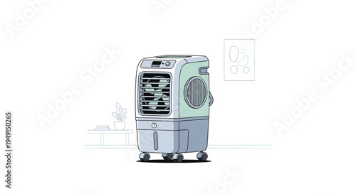 A modern light-green and grey portable air cooler with visible fan blades and digital controls is positioned on wheels in a minimalist room.