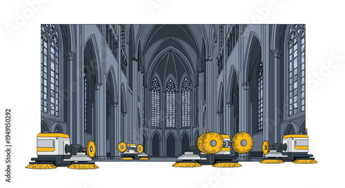 Several autonomous yellow-brushed floor scrubbers are positioned across the dark, detailed interior of a gothic cathedral with arched windows.